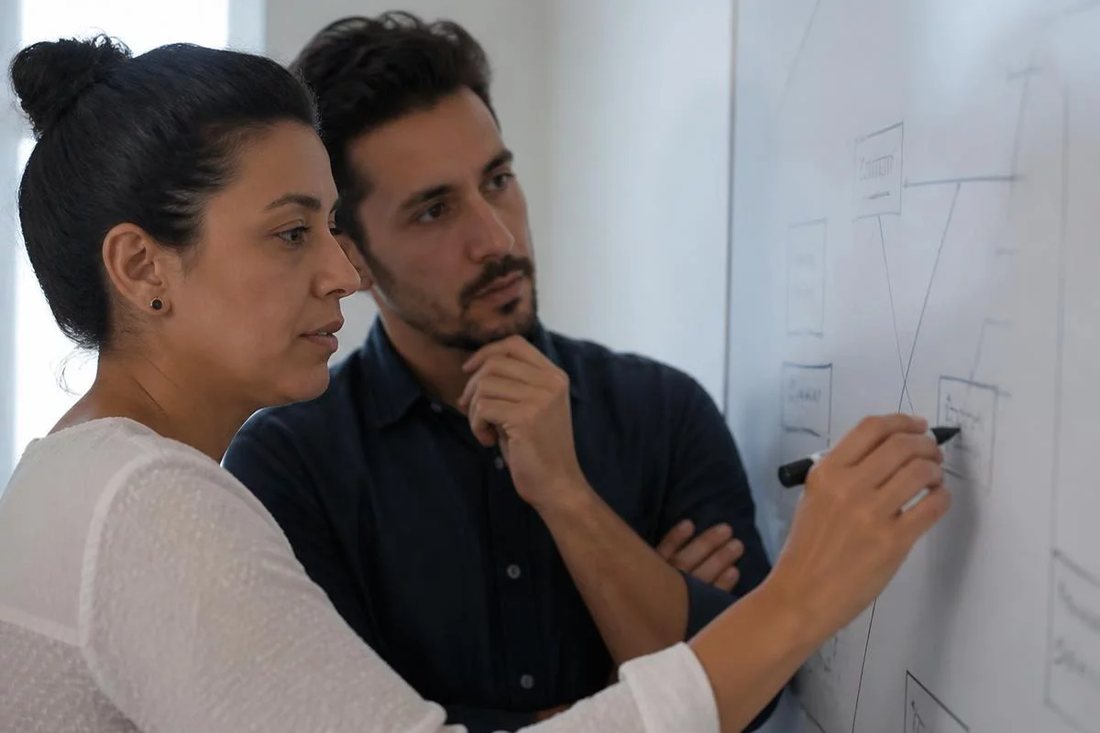 Dois alunos em pé diante do quadro branco, riscando a ordem em que o argumento será apresentado