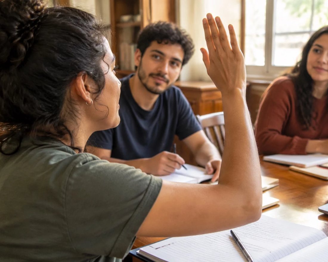 Roda de participantes; um deles repete em voz alta o argumento do colega antes de apresentar a réplica